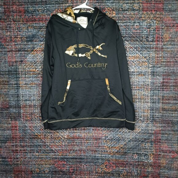 Legendary mens black w camo trim sewn Gods Country lined fishing hoodie L EUC - Picture 1 of 9